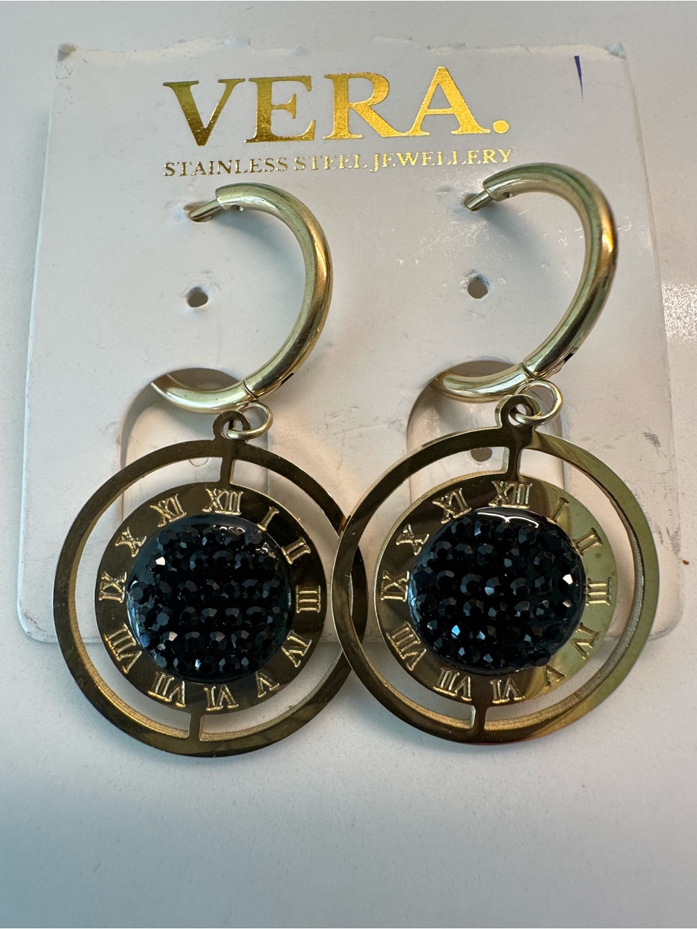 Vera Bradley Gold-Tone Hoop Earrings with Black Crystal Discs